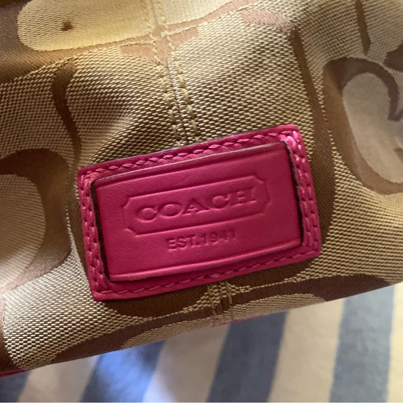 Coach J0969-F13533 Purse Signature Stripe Kisslock Khaki/Pink Jacquard Fabric - Picture 5 of 16